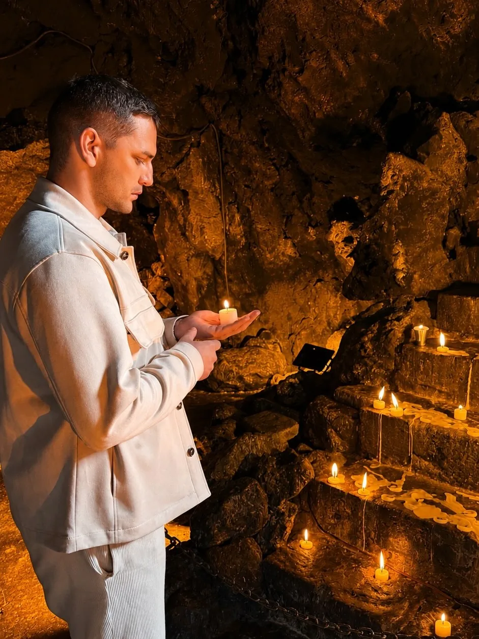 Candles burning on the rock wall of the grotto at La Gruta Teotihuacan