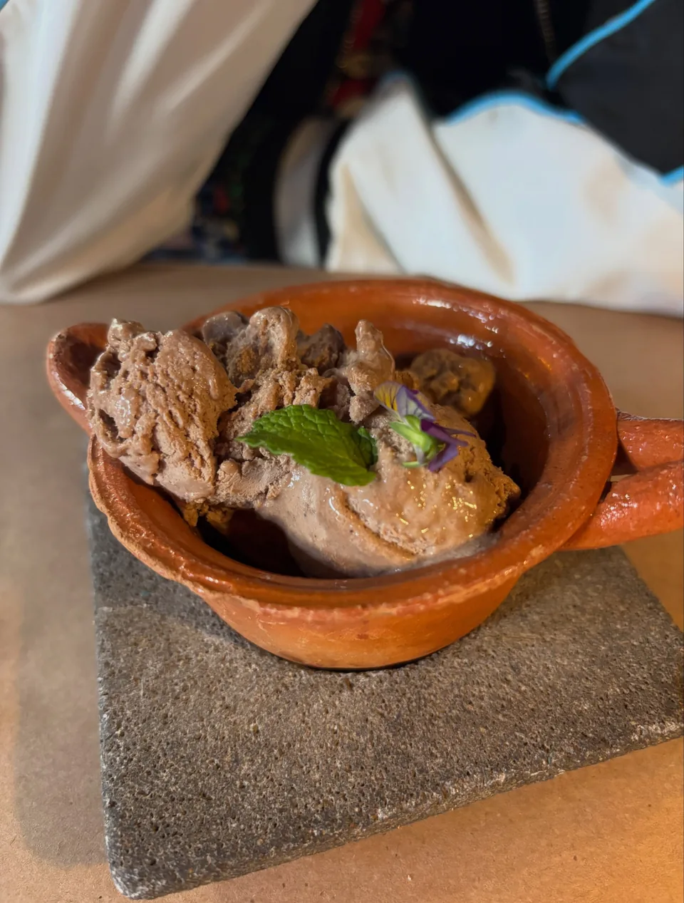 Dessert served in a clay dish at La Gruta Teotihuacan