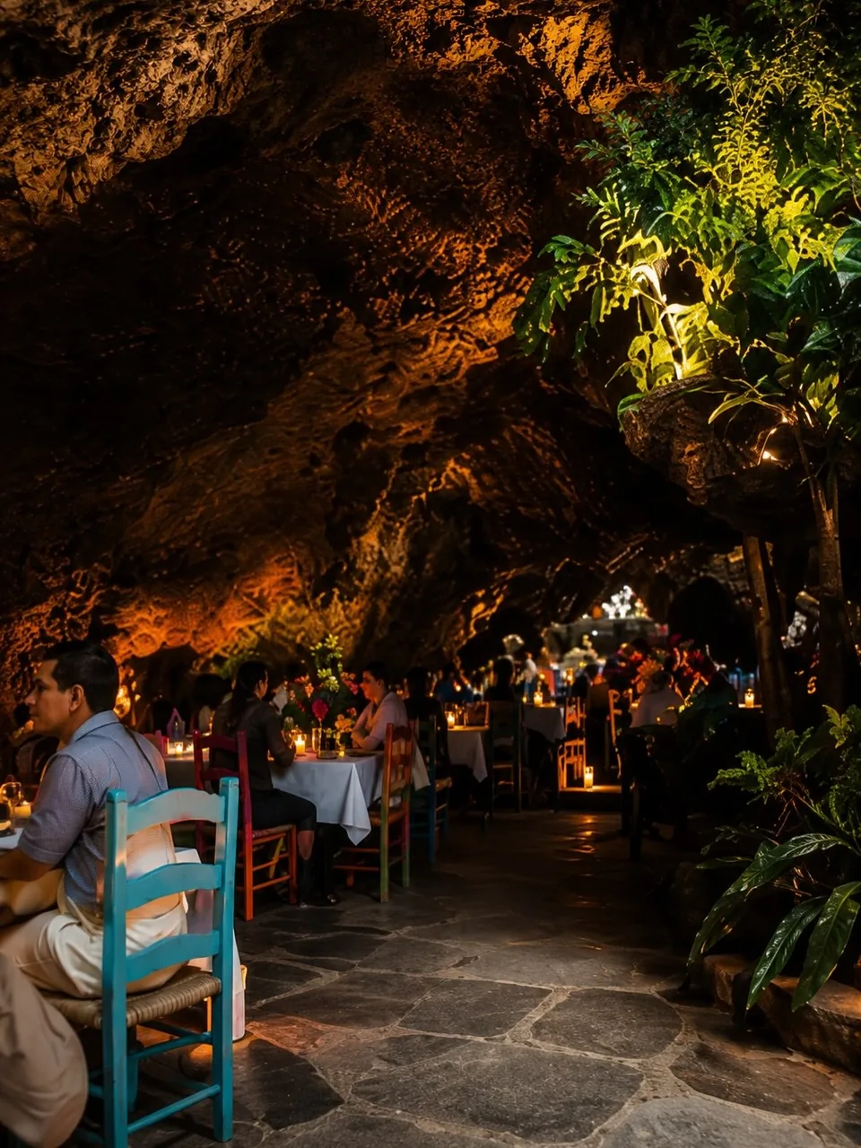 Diners at their tables in the evening inside La Gruta Teotihuacan