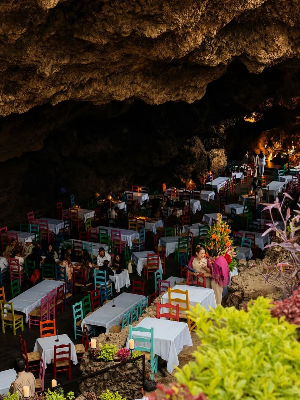 The dining room of La Gruta decorated with fresh flowers inside the grotto
