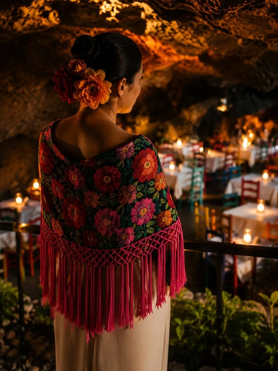 A hostess in an embroidered rebozo welcoming guests at La Gruta Teotihuacan