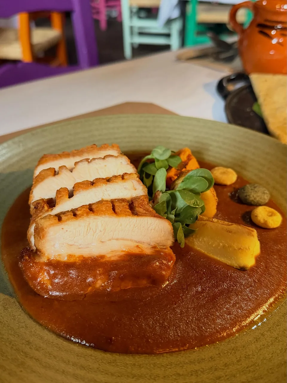A main course plated in salsa at La Gruta restaurant in Teotihuacan