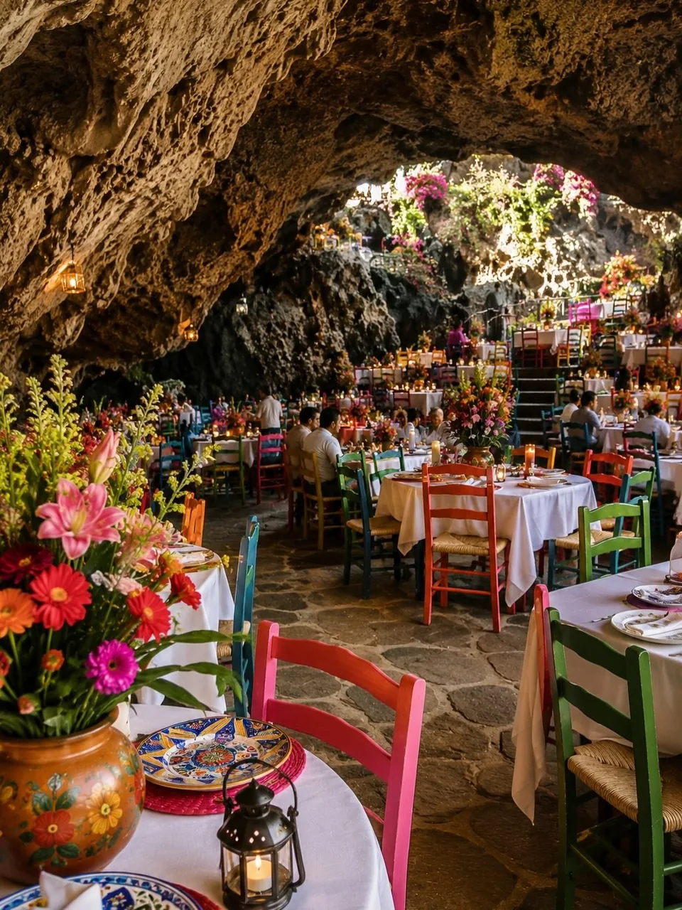 A table with a fresh flower arrangement in the dining room of La Gruta